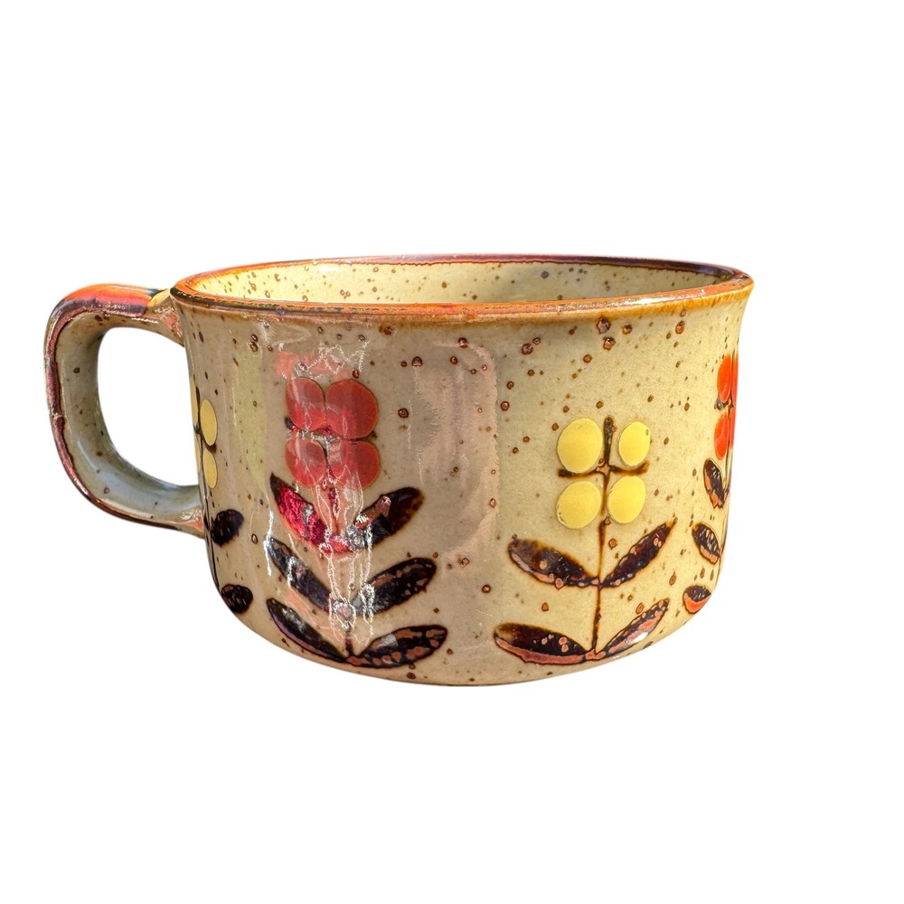 Vintage Speckled Stoneware Floral Coffee Mug Tea Cup Retro Boho MCM Style
